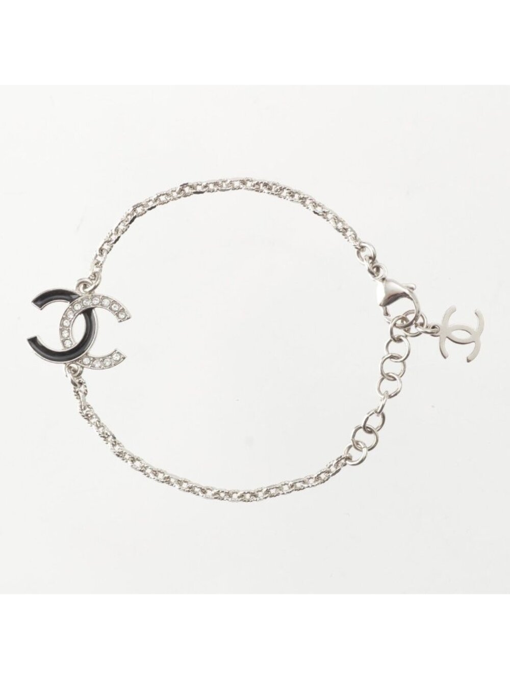 Chanel CC Logo Rhinestone Bracelet Silver Black